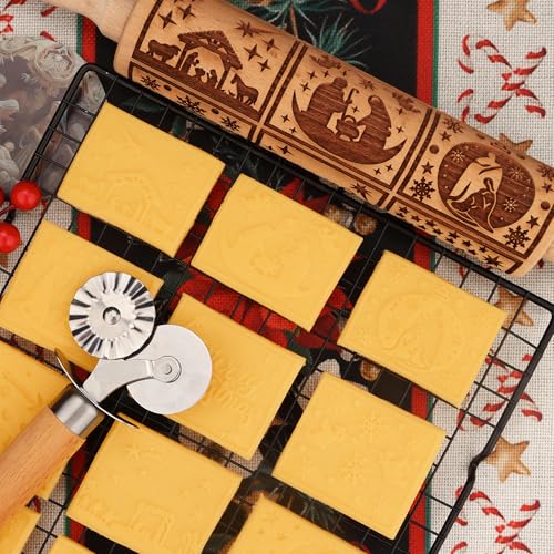 17" Wooden Rolling Pin for Baking with Christmas Embossed Designs, 3mm Deep Cookie Molds, Includes Cleaning Brush L8431