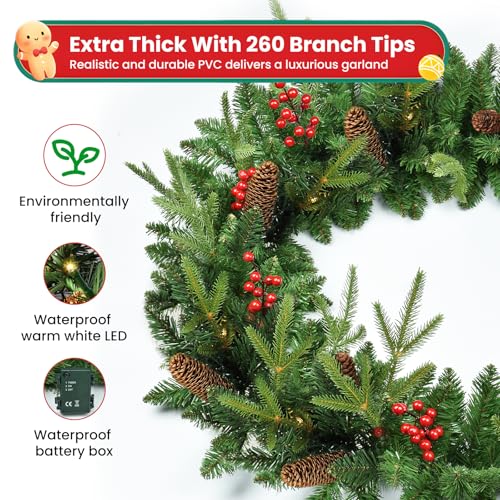 9ft Pre-Lit Christmas Garland with Pine Cones & Red Berries M365619