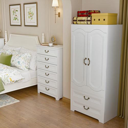 2 Door Wardrobe with 2 Drawer, White Vintage Armoire with Clothing Rod, 67" Tall Wooden Closet Cabinet for Bedroom C405