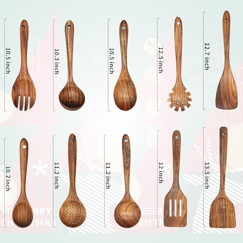 Natural Teak Wooden Spoons for Cooking, 10-Piece Kitchen Utensil Set I607645