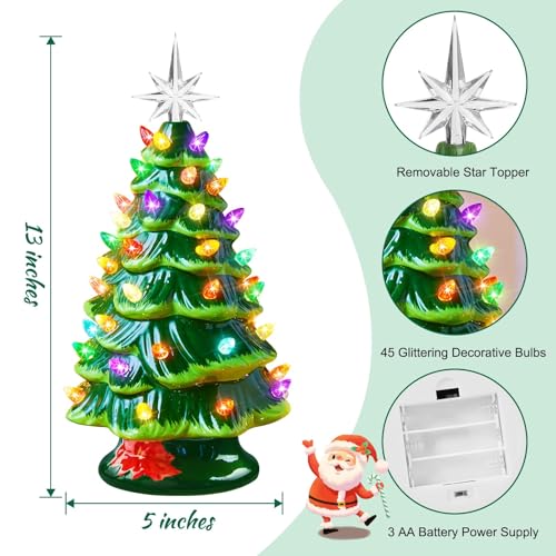 Ceramic Christmas Tree with Multicolored LED Lights, Battery Operated Tabletop Decor C5626