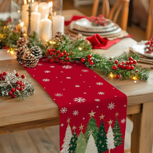 Christmas Table Runner 13x72 Inch, Red Winter Holiday Decor H348