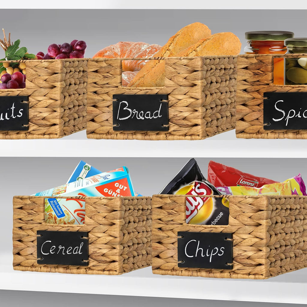 Natural Water Hyacinth Woven Storage Baskets, Rectangular Wicker Basket with Handles, Set of 6 E51316