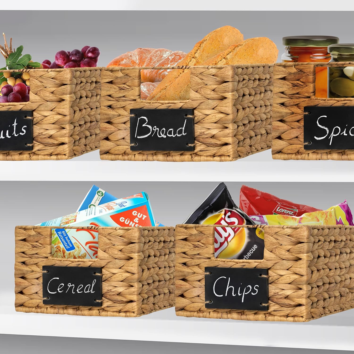 Natural Water Hyacinth Woven Storage Baskets, Rectangular Wicker Basket with Handles, Set of 6 E51316