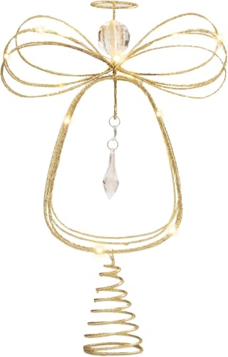 Lighted Christmas Tree Topper Angel with Timer, 10 Inch Pre-Lit Gold Metal V305