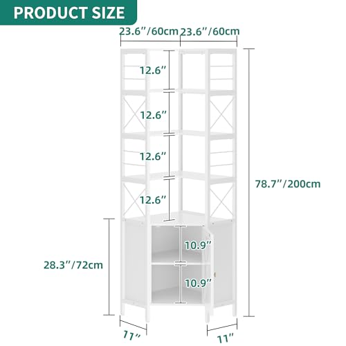 Corner Bookshelf with Storage, 7-Tier Shelf with Doors, White V7438