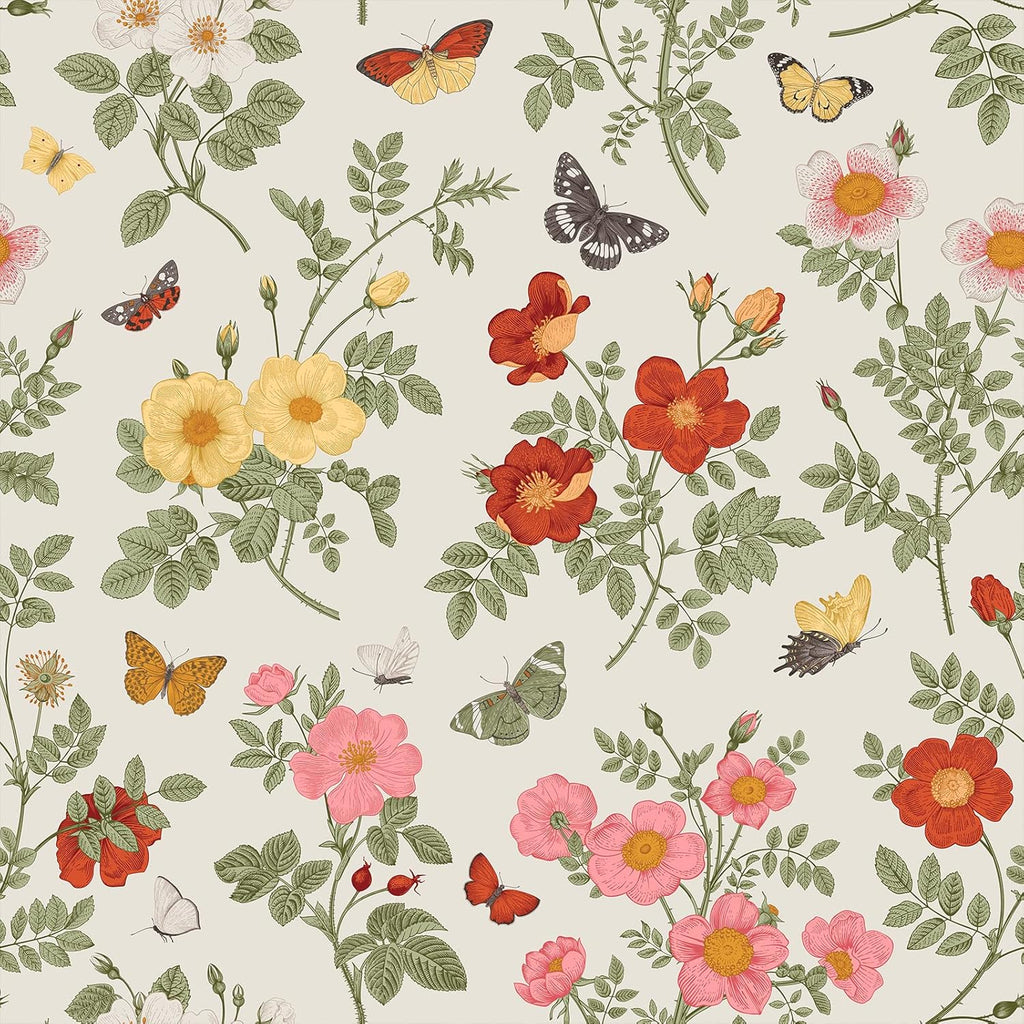 VEELIKE Butterflies Floral Wallpaper Vintage Multicolor Floral Branches Peel and Stick Wallpaper Mural 17.7''x118'' Removable Prepasted Floral Contact Paper for Bedroom Bathroom Walls Cabinets Shelves