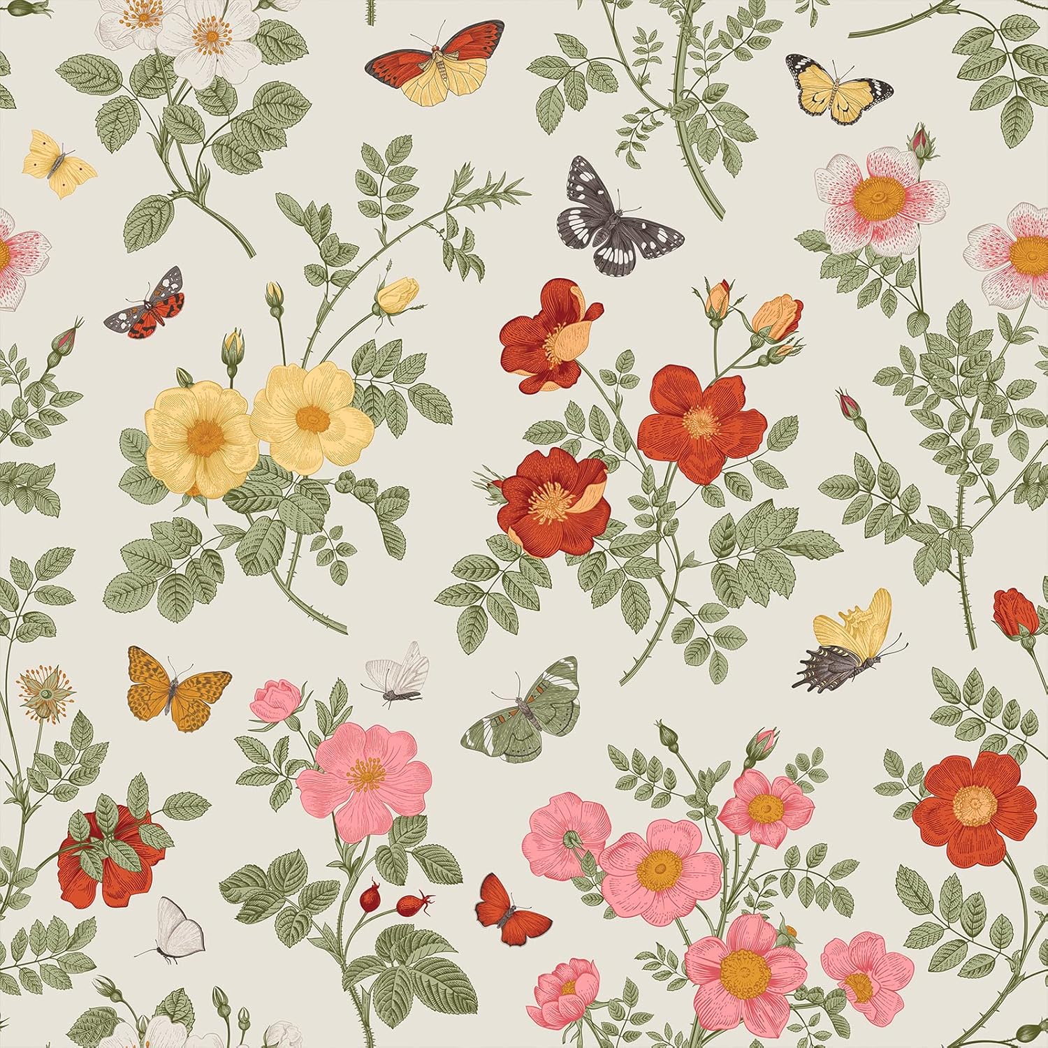 VEELIKE Butterflies Floral Wallpaper Vintage Multicolor Floral Branches Peel and Stick Wallpaper Mural 17.7''x118'' Removable Prepasted Floral Contact Paper for Bedroom Bathroom Walls Cabinets Shelves