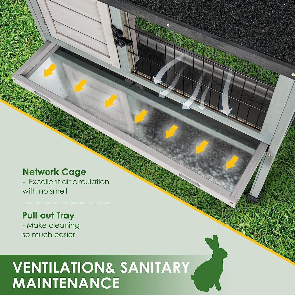 Elevated Wooden Rabbit Hutch with Openable Roof and Pull-Out Tray K1938