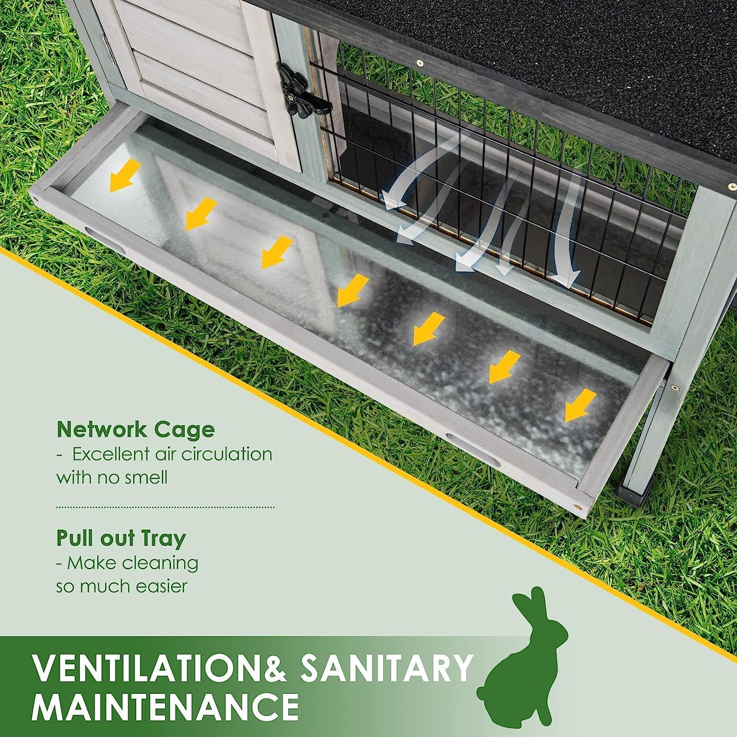 Elevated Wooden Rabbit Hutch with Openable Roof and Pull-Out Tray K1938