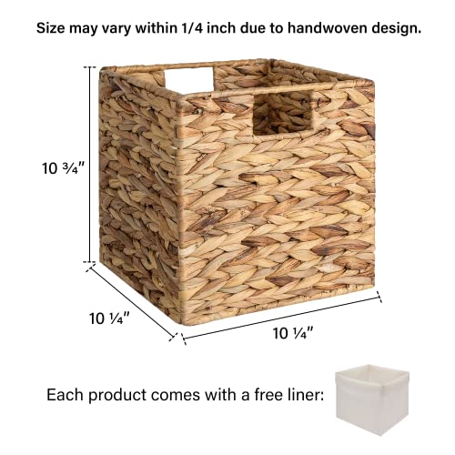 Wicker Storage Cubes with Liners, Water Hyacinth Baskets for Shelving, Handwoven Square Baskets, Medium, 4 Pack R25260