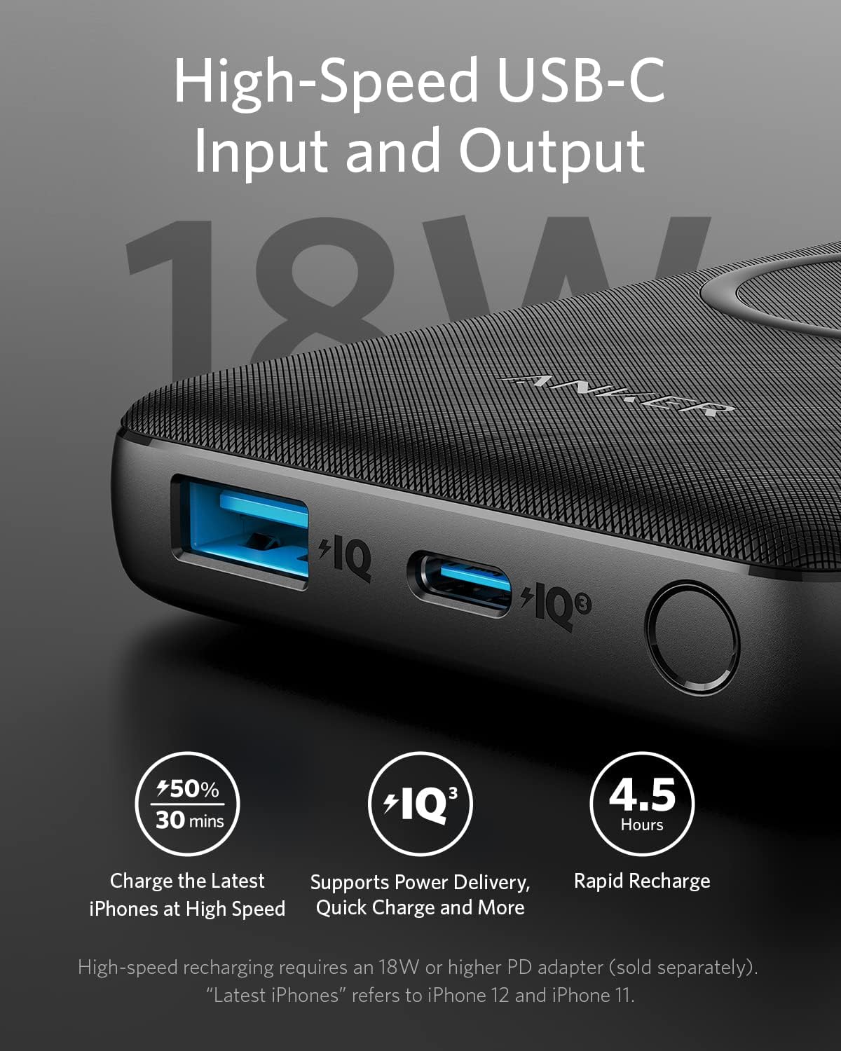 10,000 mAh Wireless Portable Charger with 10W Qi-Certified Charging and 18W USB-C Quick Charge A484