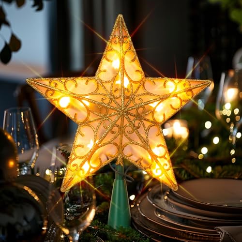 Glitter Star Tree Topper with Lights, Gold I966054