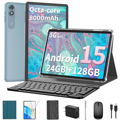 Android 15 Tablet with Keyboard, 10.1 Inch 2-in-1, 24GB+128GB, Expandable Storage Q421