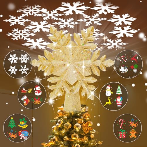 Silver 3D Glitter Christmas Tree Topper with LED Rotating Lights F457326