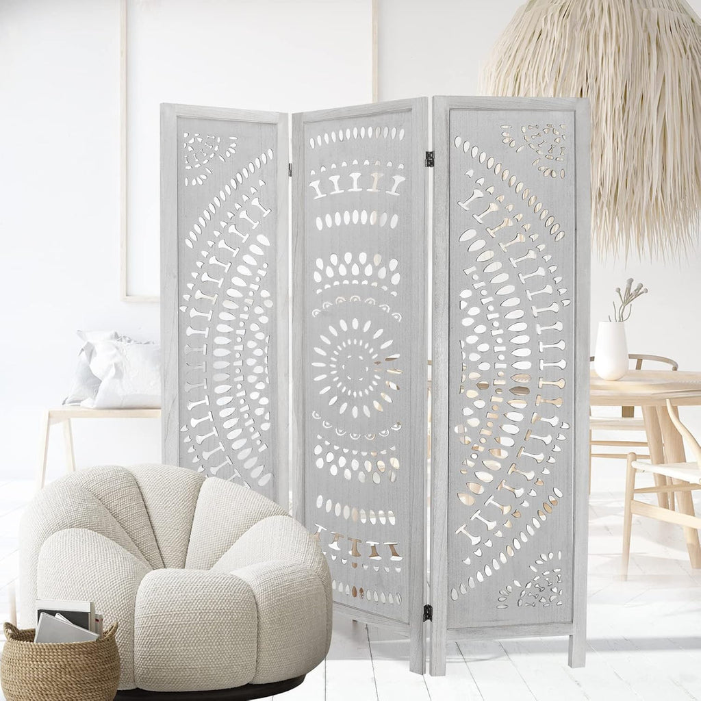 3 Panel Carved Wood Room Divider, 5.6ft Tall Folding Privacy Screen, White V742056