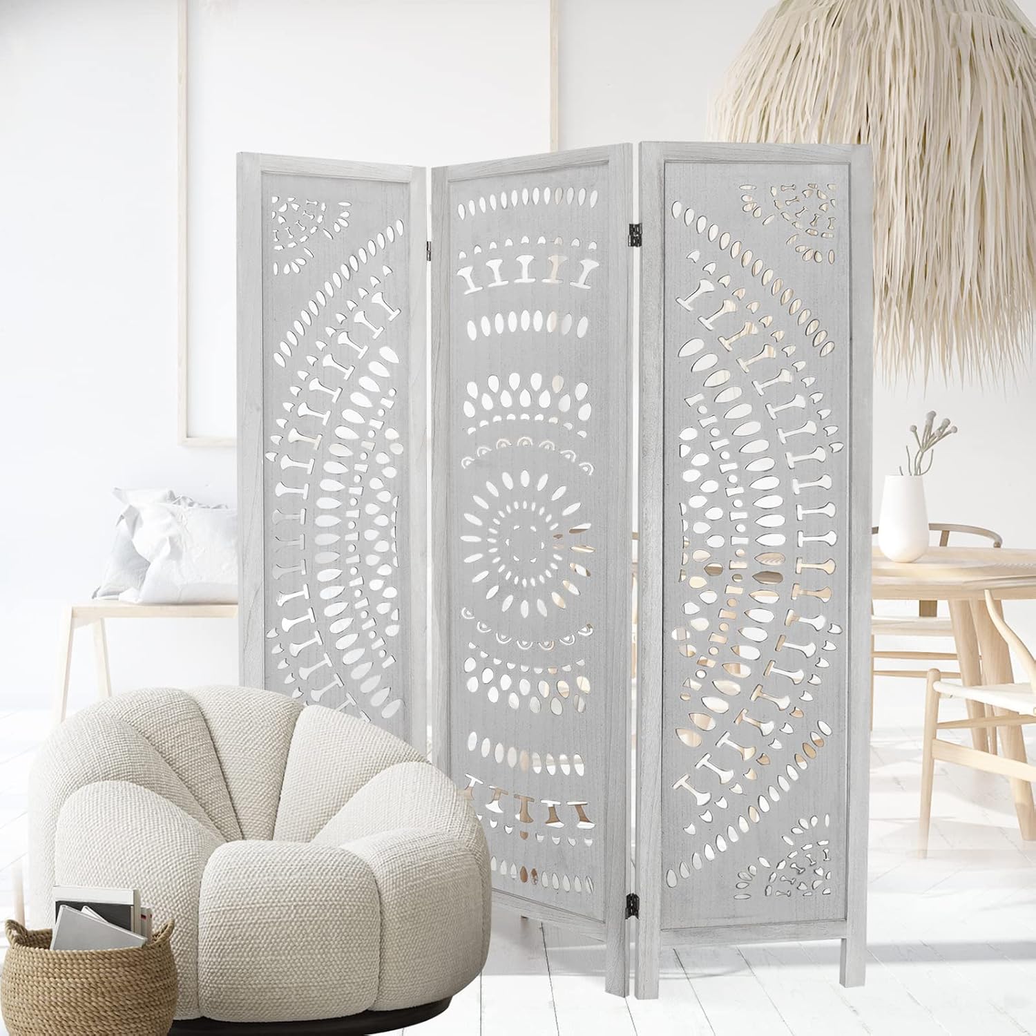 3 Panel Carved Wood Room Divider, 5.6ft Tall Folding Privacy Screen, White V742056