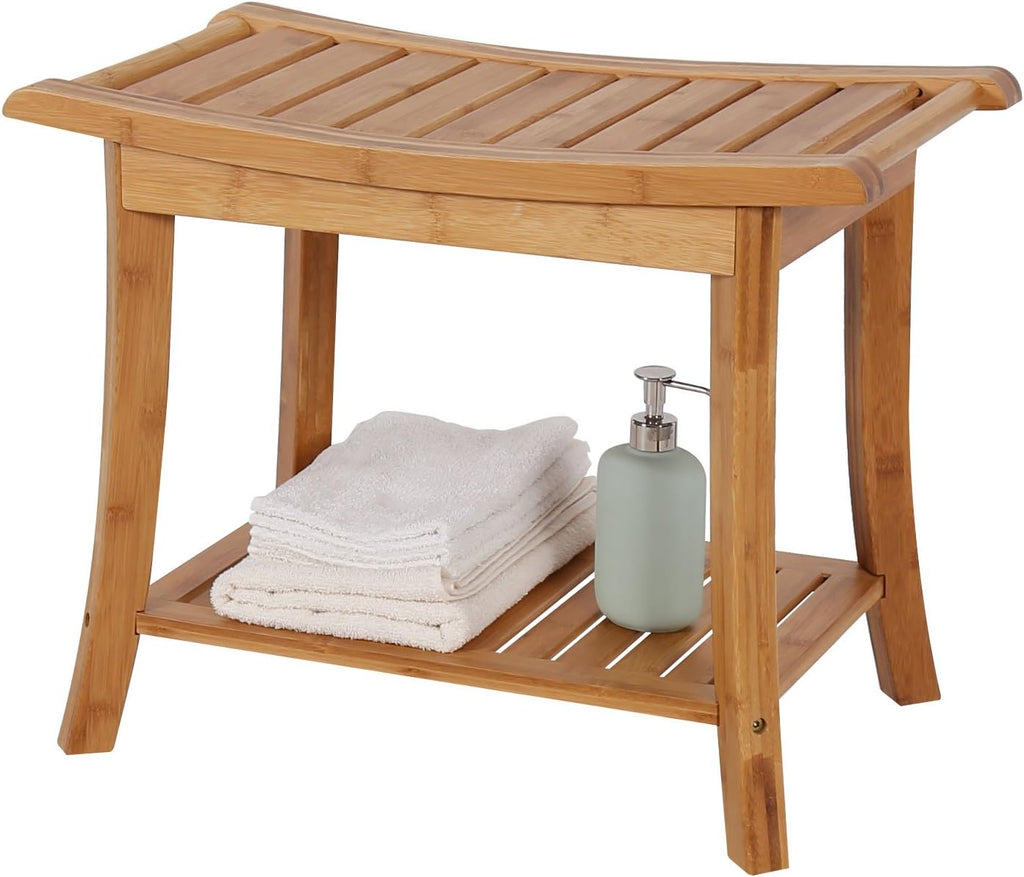 Bamboo Shower Stool Shower Bench - Shower Benches with Handles for Inside Shower with Storage Shelf for Bathroom Living Room Garden Entryway