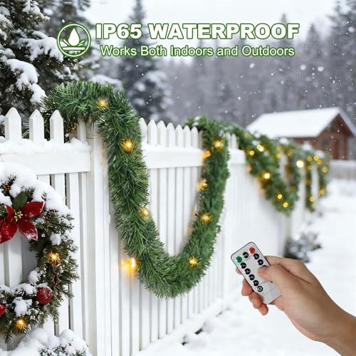 30ft Battery Operated Pre-Lit Christmas Garland with Timer for Indoor Outdoor Decor G3316