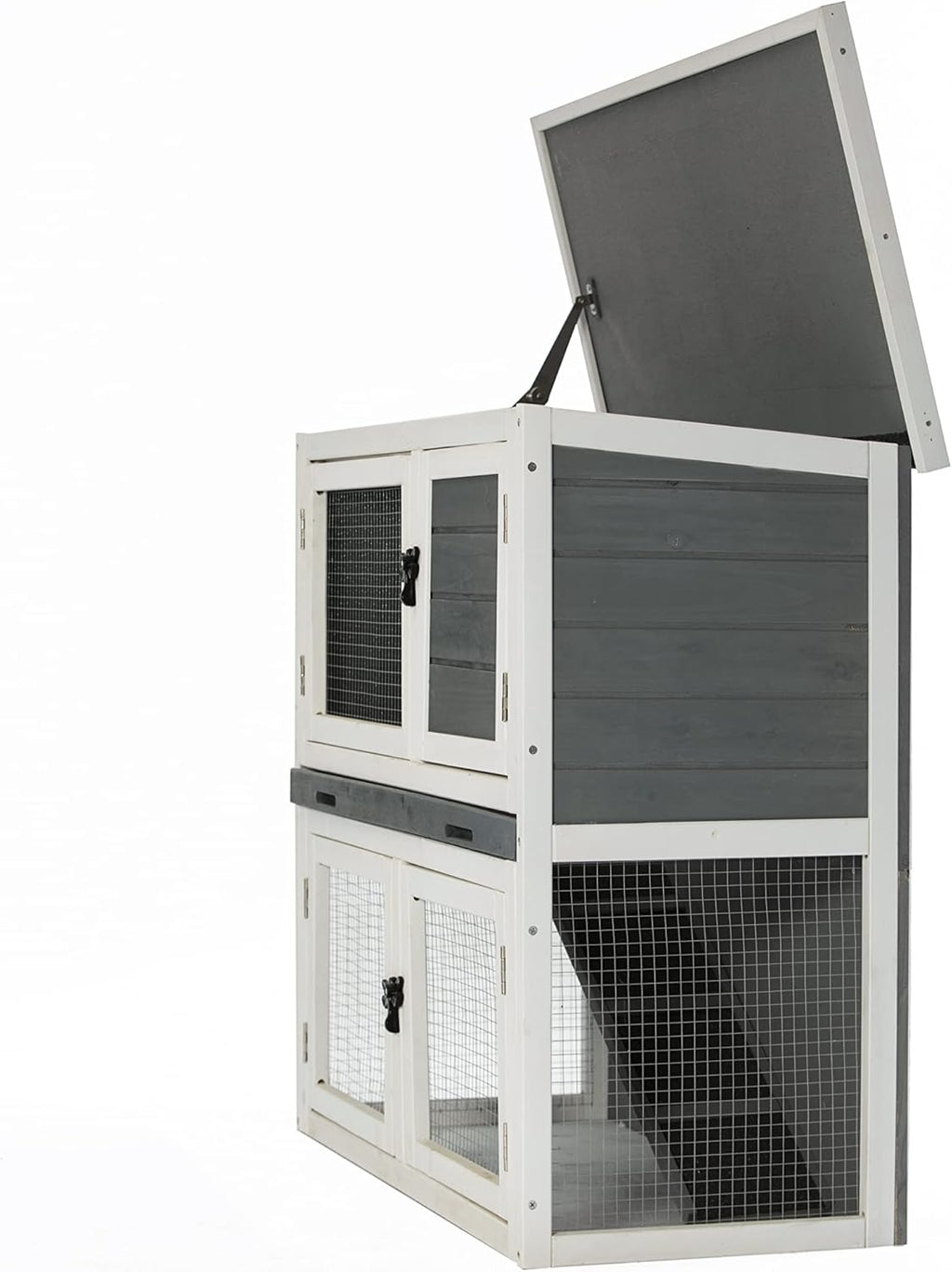 Wooden Two-Floor Rabbit Hutch Outdoor with Ramp and Removable Tray T19092