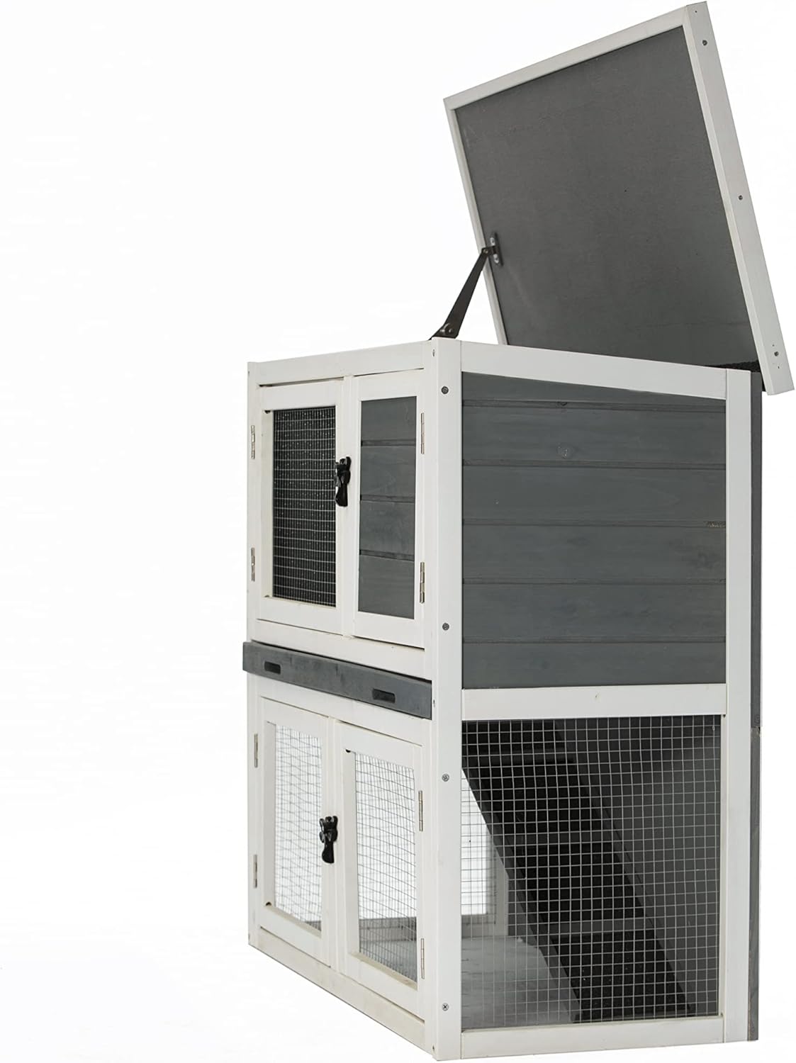 Wooden Two-Floor Rabbit Hutch Outdoor with Ramp and Removable Tray T19092