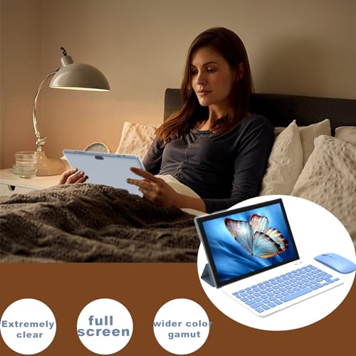 Tablet 10 inch Android 14 with Keyboard Case, Mouse, Stylus, 8GB+64GB, 1280*800 HD Touch Screen, 8MP Dual Camera, Wi-Fi Bluetooth, Blue B613