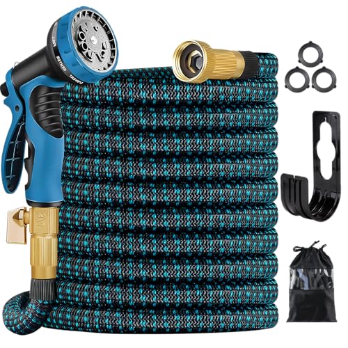 50ft Expandable Garden Hose,Expanding Hose with 10-Function Spray Nozzle,Flexible Hose with Extra Hook and Storage Bag,Solid Brass Fittings Leakproof Design, Blue&Black