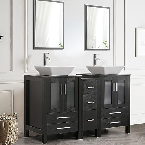 Double Bathroom Vanity with Porcelain Vessel Sinks and Side Cabinets W511404