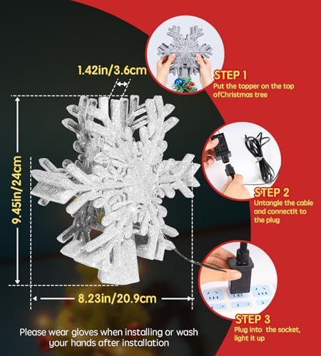Christmas Tree Star Topper with LED Snowflake Projector, Plug In for Indoor Holiday Decor K8471