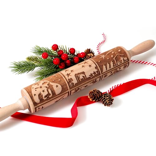 17" Wooden Rolling Pin for Baking with Christmas Embossed Designs, 3mm Deep Cookie Molds, Includes Cleaning Brush L8431