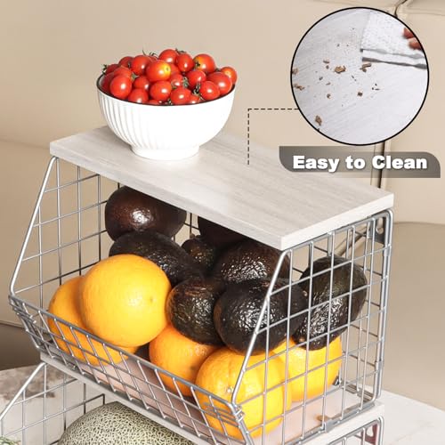 Stackable Wall Mounted Wire Fruit Basket with Wood Lid, 2-Tier Vegetable Organizer for Kitchen M64958