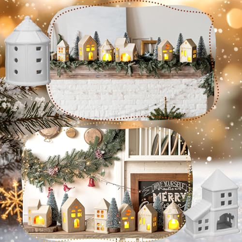 Ceramic Christmas Village Houses with LED Lights for Tabletop Mantle Decor D8566