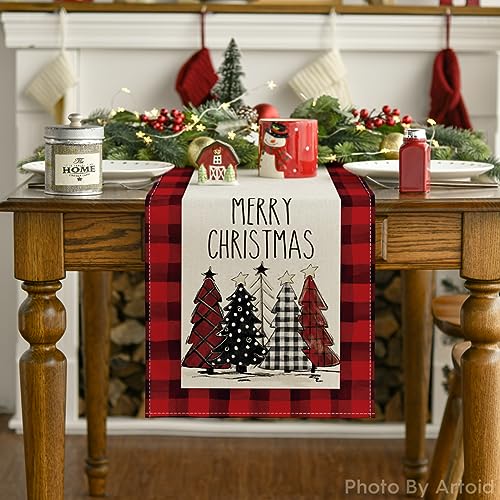 Buffalo Plaid Christmas Trees Table Runner, Winter Holiday Kitchen Dining Decor, 13 x 108 Inch D48516