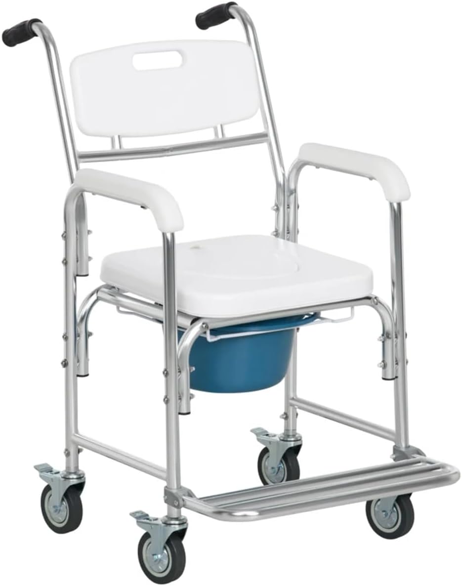 Shower Wheelchair with Commode, 4 Lockable Wheels, Adjustable I31146
