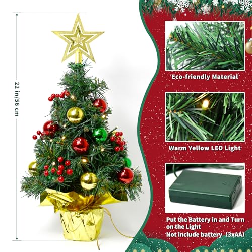 Tabletop Christmas Tree with LED Lights, 22-Inch Pre-Decorated Artificial Tree K796