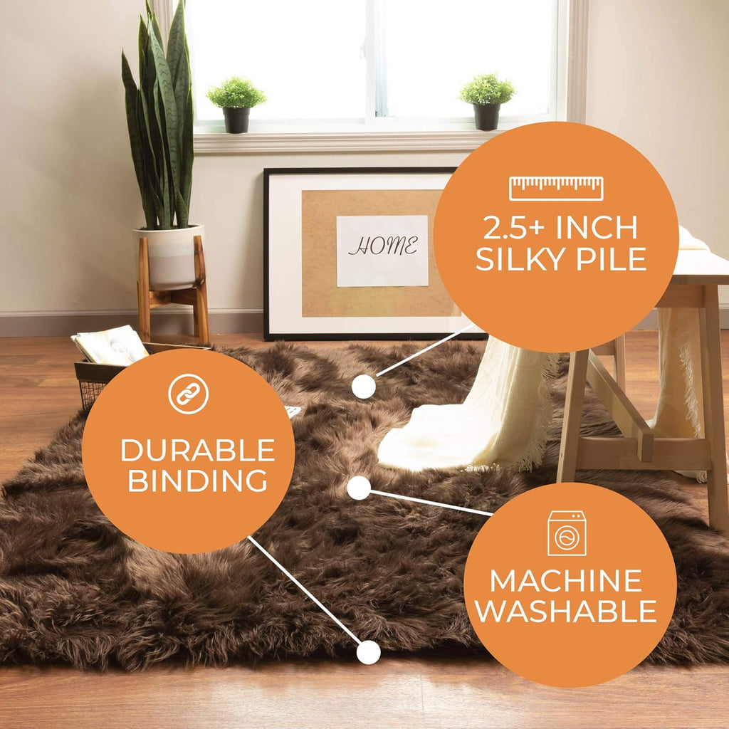 Faux Sheepskin Area Rug, Dark Brown 5 x 7 Feet E2648
