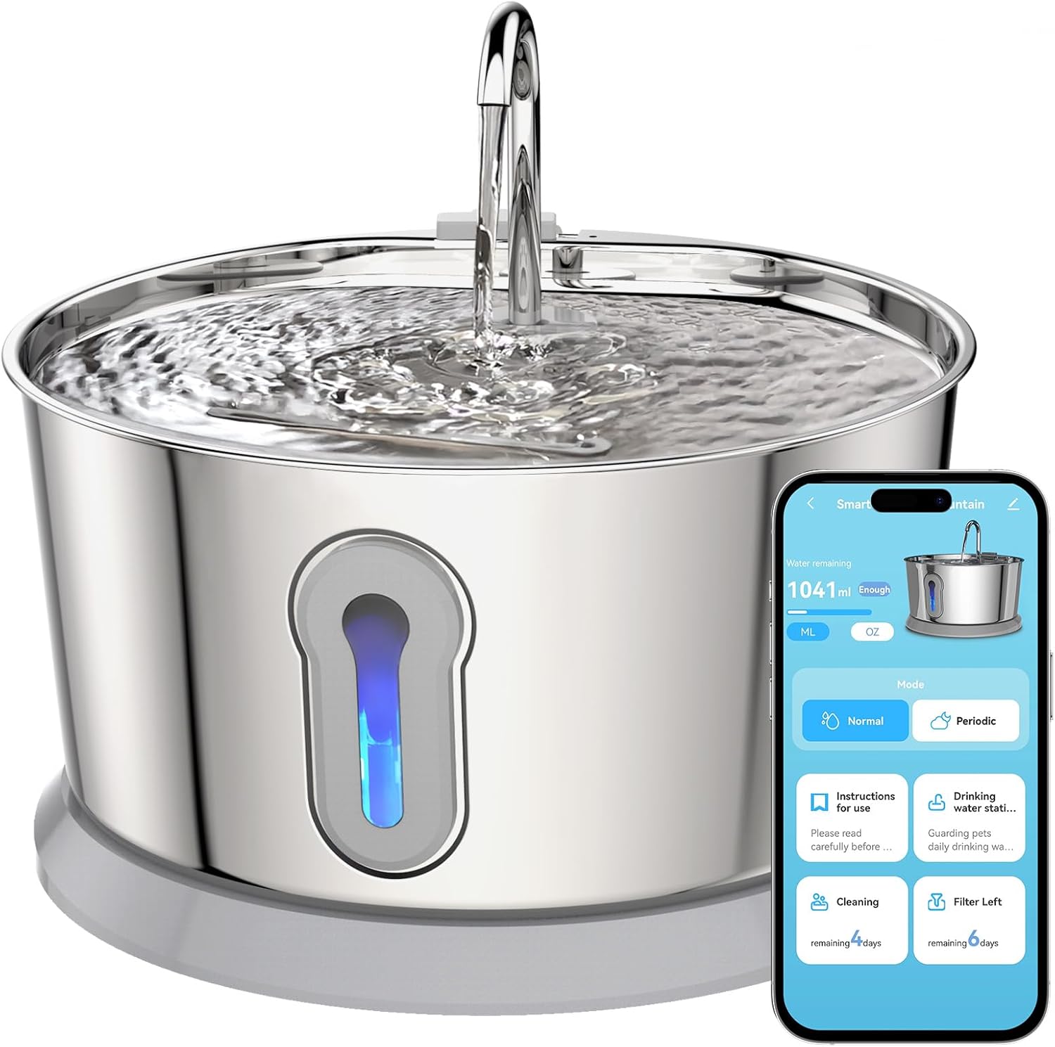 Wireless Cat Water Fountain, 4L Stainless Steel with App Control V97128