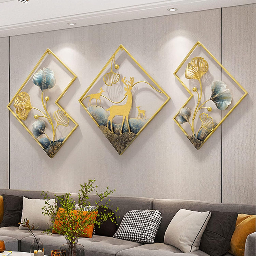 Metal Wall Art Gold Deer 3 Piece Large 3D Ginkgo Leaf Decor X307765