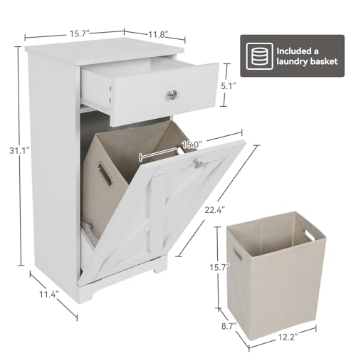 Tilt Out Laundry Hamper Cabinet with Drawer, White O15193