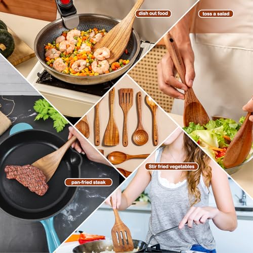 Natural Teak Wooden Spoons for Cooking, 10-Piece Kitchen Utensil Set I607645