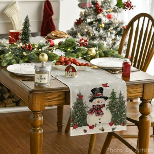 Snowman Christmas Birds Trees Table Runner, Winter Holiday Kitchen Dining Decoration, 13 x 72 Inch B443657