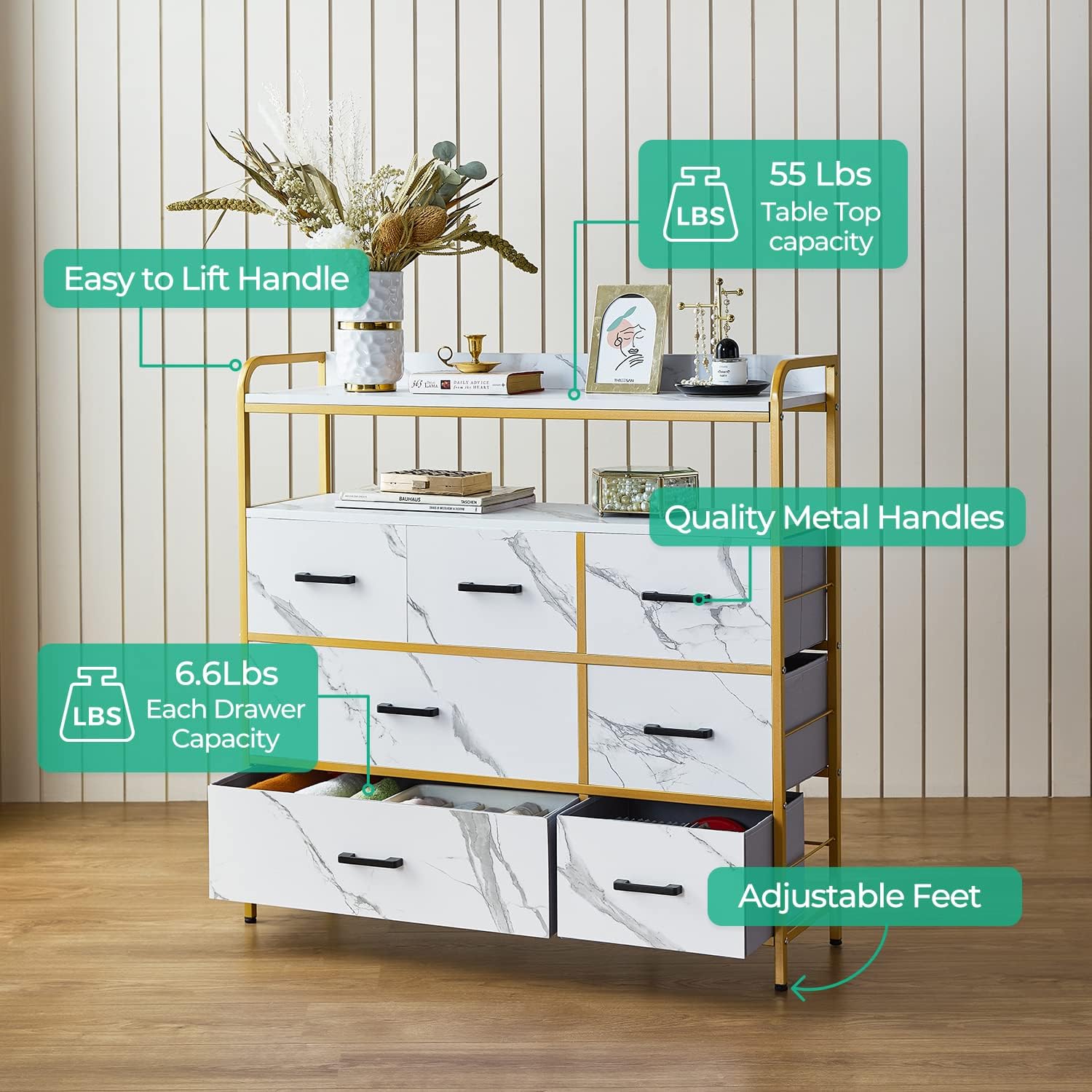 White Dresser with 7 Drawers and Double Shelf for Bedroom D1851