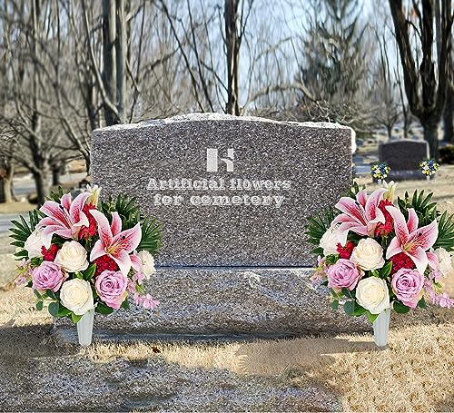 Artificial Cemetery Flowers for Grave Vase, Silk Lily and Rose Arrangement V976894