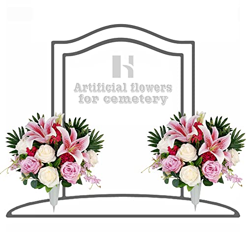 Artificial Cemetery Flowers for Grave Vase, Silk Lily and Rose Arrangement V976894