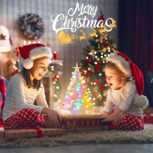 Ceramic Christmas Tree with Multicolored LED Lights, Battery Operated Tabletop Decor C5626