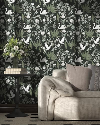 Peel and Stick Wallpaper Dark Green Floral Vintage Bird Self Adhesive Removable O713