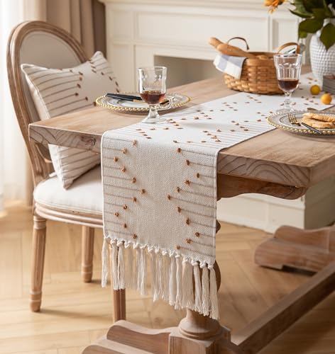 Christmas Table Runner 13 x 90 Inch Cotton Woven with Tassels Red and Beige B398787