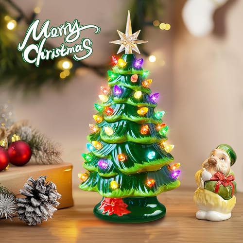 Ceramic Christmas Tree with Multicolored LED Lights, Battery Operated Tabletop Decor C5626