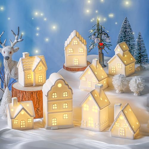 28 Pcs Ceramic LED Christmas Village Set with Houses, Trees & Lamp Posts Y25286