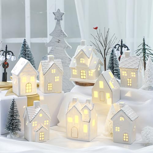 28 Pcs Ceramic LED Christmas Village Set with Houses, Trees & Lamp Posts Y25286